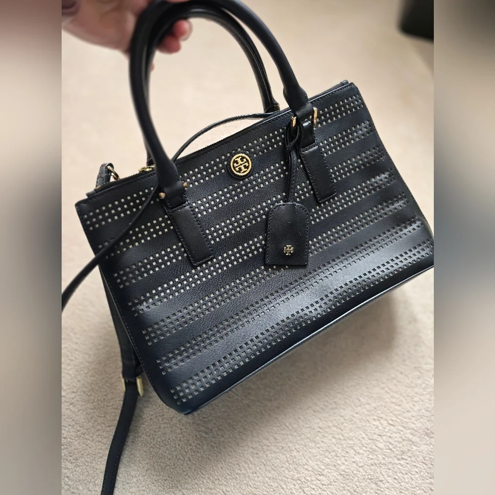 Tory Burch Black Perforated Leather Tote - Picture 2 of 11